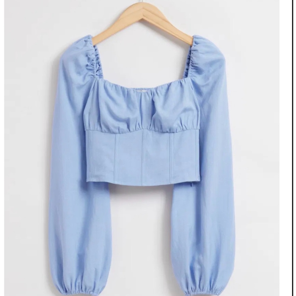 & Other Stories Blue Puff Sleeve Crop Blouse